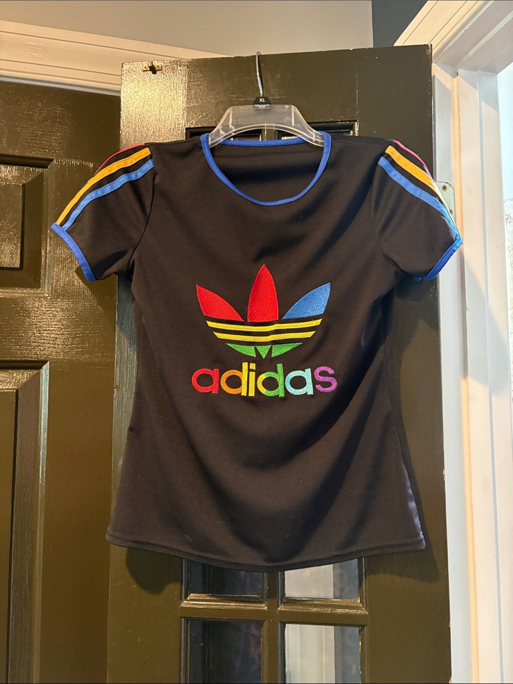 adidas Black Tee with Multicolor Rainbow Trefoil